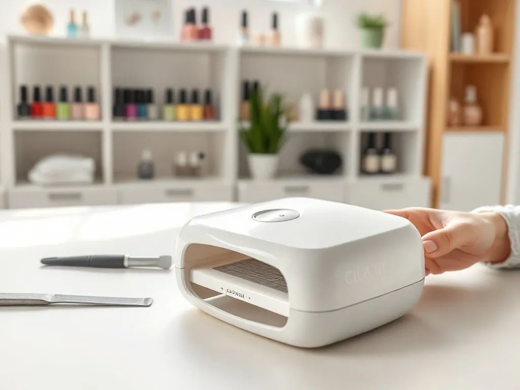 Nowoczesny biały pochłaniacz pyłu na stoliku w jasnym salonie manicure, obok dłoni klientki i akcesoriów do paznokci.