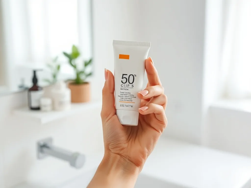 Dłoń kobiety trzyma tubkę kremu z filtrem SPF 50 na jasnym blacie łazienki, w tle rozmyte kosmetyki i roślina.