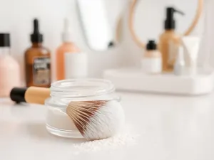 Przezroczysty puder sypki z pędzlem na jasnej toaletce, minimalistyczne tło kosmetyków podkreśla wybór pudru do cery.