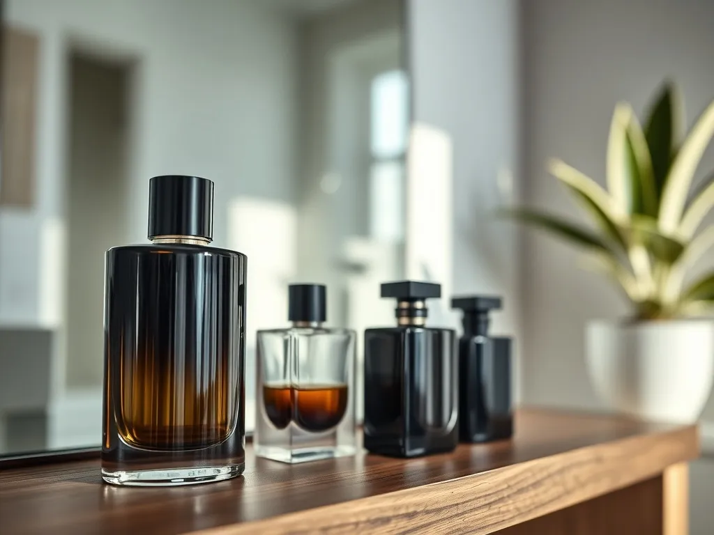 Eleganckie męskie perfumy na drewnianej półce w nowoczesnej łazience, podkreślające premium charakter zapachów z rankingu.