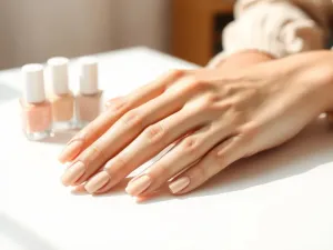 Dłoń z eleganckim manicure hybrydowym w pastelowych i nude kolorach, w tle buteleczki lakierów w podobnych odcieniach.