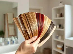 Dłoń kobiety trzyma wachlarz próbek farb do włosów w różnych odcieniach blond, brązu, rudego i czerni w jasnej łazience