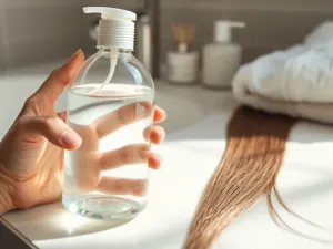 Dłonie kobiety trzymają elegancki samoopalacz obok szczotki i kremu, na tle jasnej, przytulnej łazienki w stylu spa.