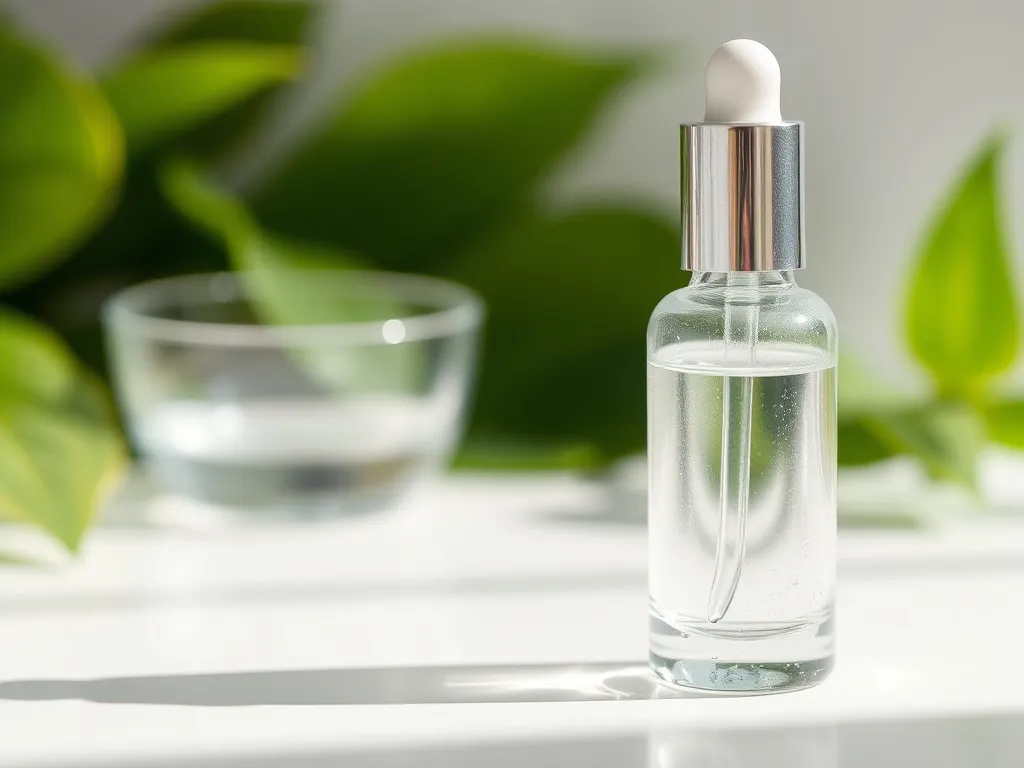 Butelka serum z kwasem hialuronowym na białym tle, w otoczeniu zielonych liści, podkreślająca świeżą pielęgnację twarzy.