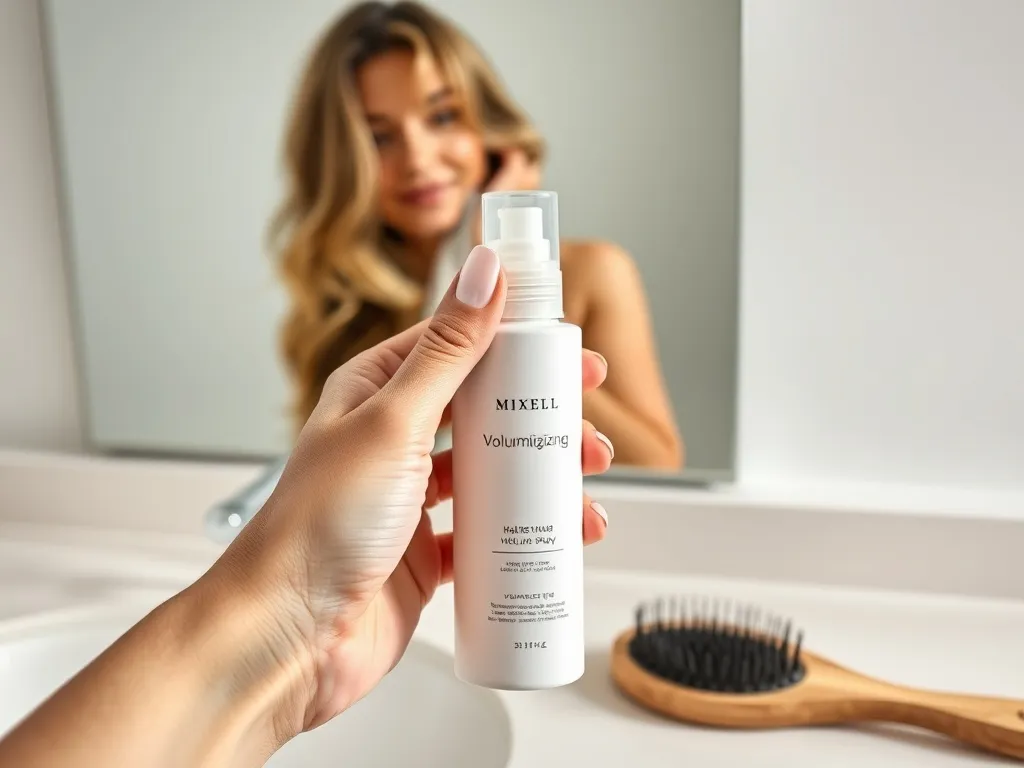Dłoń trzymająca spray zwiększający objętość obok szczotki; w tle kobieta z gęstymi, lekko falowanymi włosami
