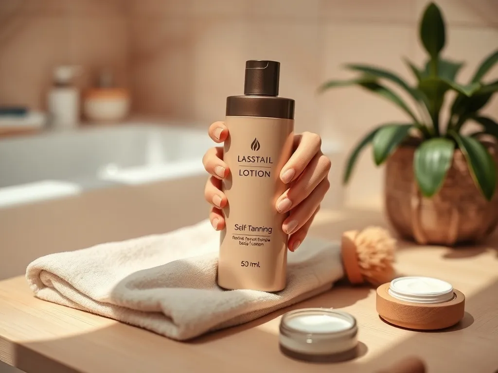 Dłonie kobiety trzymają elegancki samoopalacz obok szczotki i kremu, na tle jasnej, przytulnej łazienki w stylu spa.