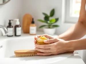 Otwarta paleta do konturowania w neutralnych brązach z pędzlem, na białym stole w jasnym, naturalnym świetle.