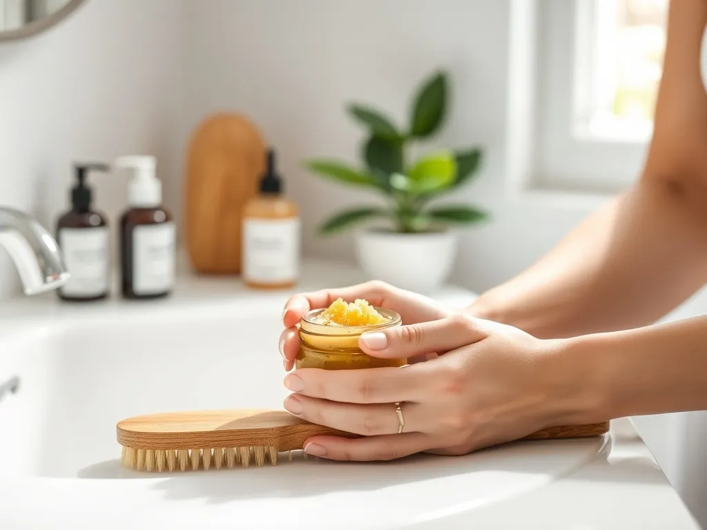 Kobieta trzyma otwarty peeling do skóry głowy obok drewnianej szczotki na białym blacie, nowoczesna pielęgnacja włosów.