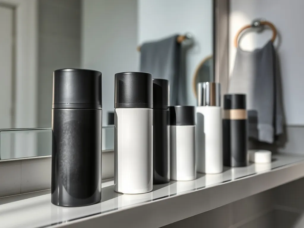 Eleganckie męskie antyperspiranty i dezodoranty na półce w nowoczesnej łazience, podkreślające wybór najlepszego produktu.
