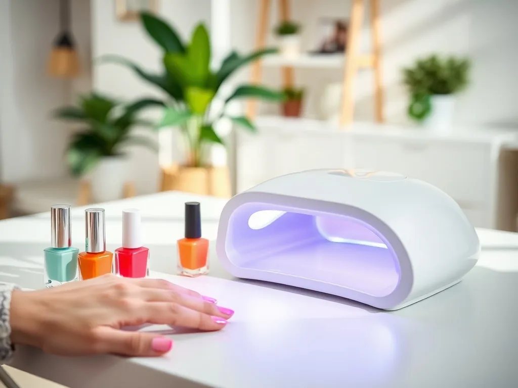Nowoczesna lampa UV/LED do paznokci na białym stoliku obok lakierów, prezentująca sprzęt do domowego manicure.