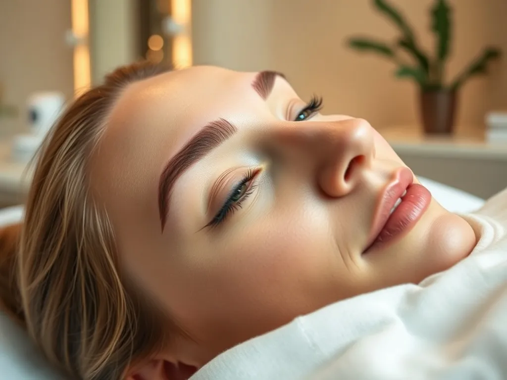 Zrelaksowana kobieta z idealnie wyrysowanymi, naturalnymi brwiami w eleganckim warszawskim salonie makijażu permanentnego.