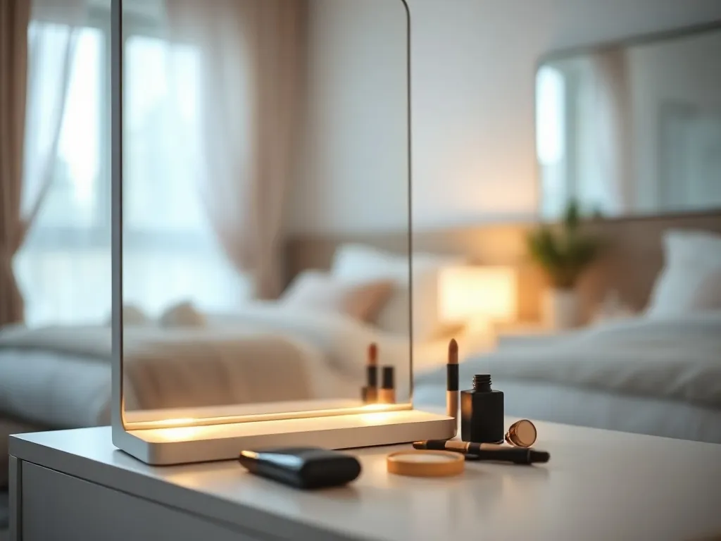 Eleganckie podświetlane lusterko LED na białej toaletce, idealne do makijażu w jasnym, minimalistycznym wnętrzu.